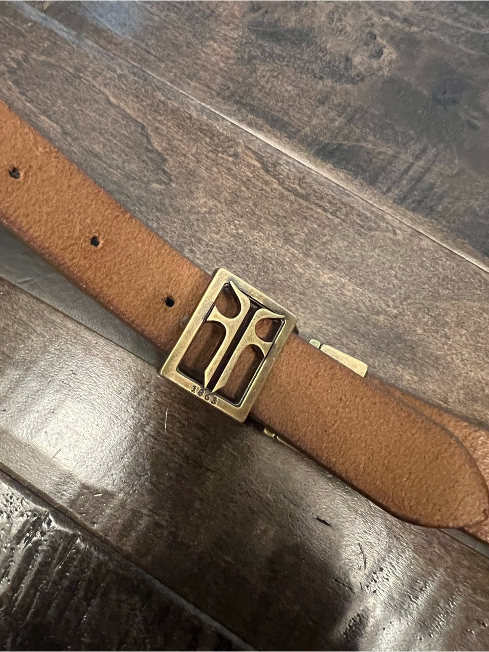 FRYE Cognac Brown Leather Belt with Antique Brass Cross Buckle